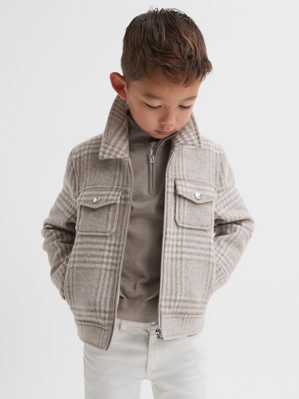 REISS Boys Wool-Blend Plaid Zip Jacket | Size 8-9Y — Like New!